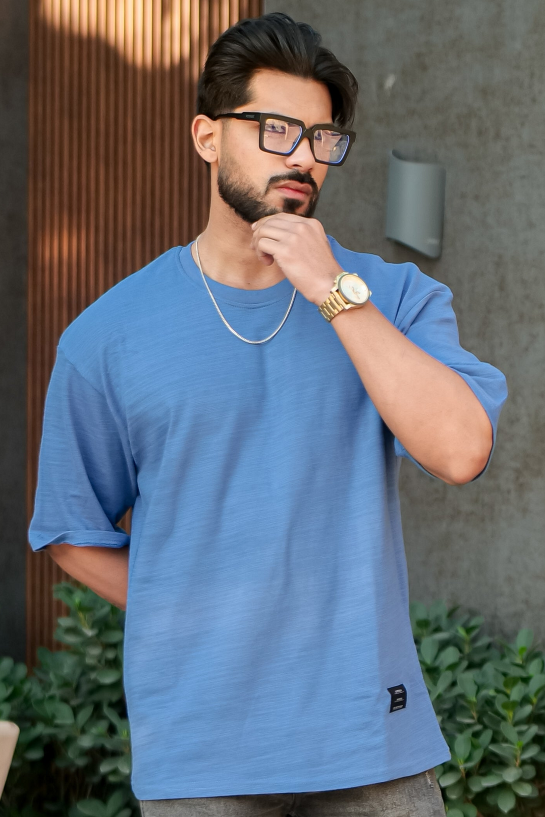 Blue Oversized Slub T-Shirt