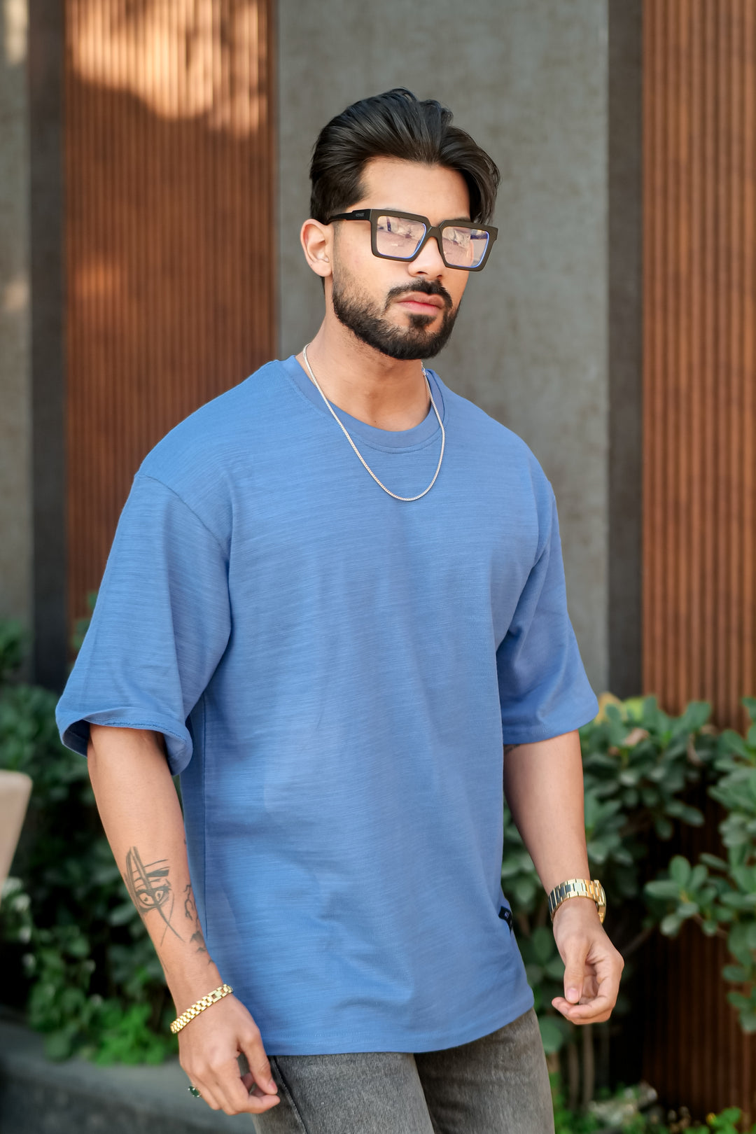 Blue Oversized Slub T-Shirt