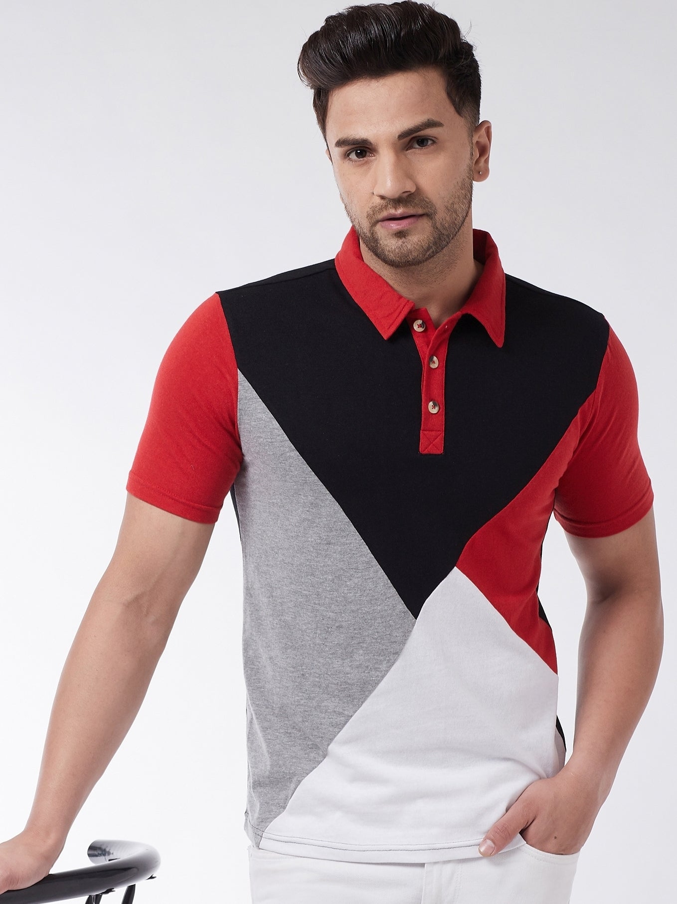 Red/Black/White/Grey Colorblock Half Sleeves Polo