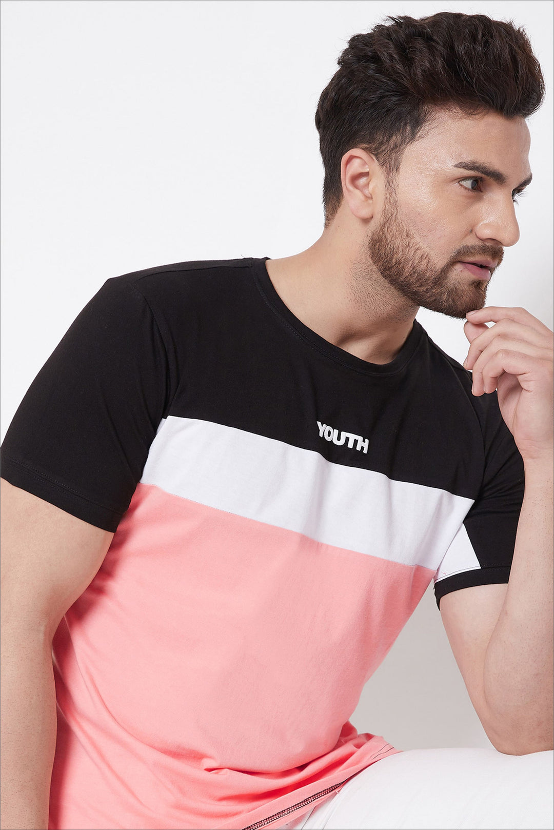 Black/White/Coral Printed Men's Half Sleeves Round Neck T-Shirt
