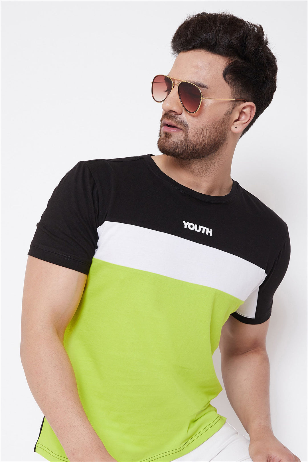 Black/White/Neon Green Printed Men's Half Sleeves Round Neck T-Shirt