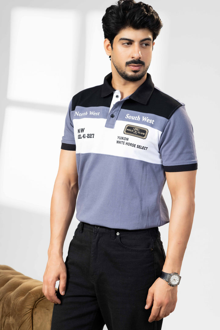 Black/Blue Cotton Half Sleeve Printed Polo T Shirt with Collar