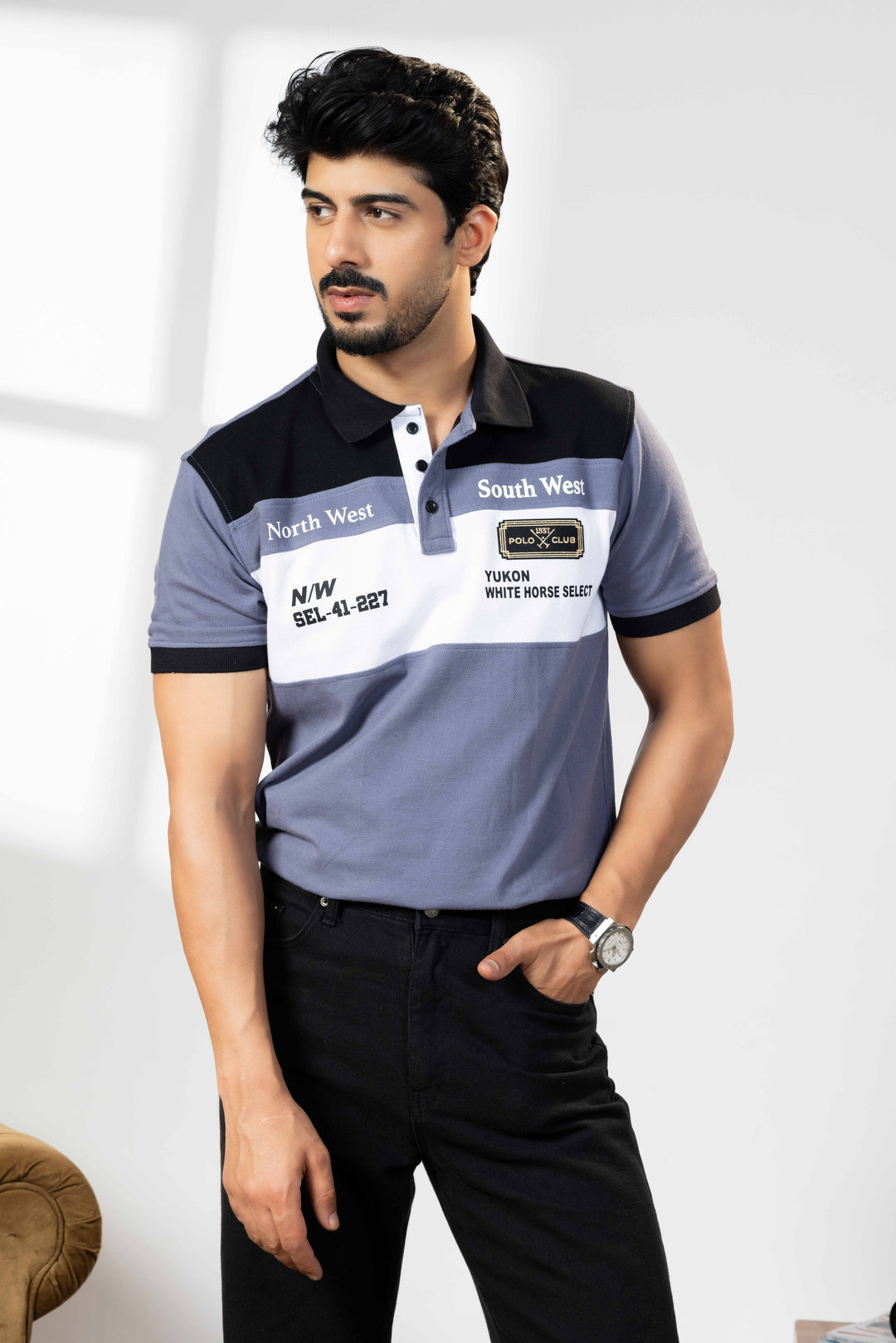 Black/Blue Cotton Half Sleeve Printed Polo T Shirt with Collar