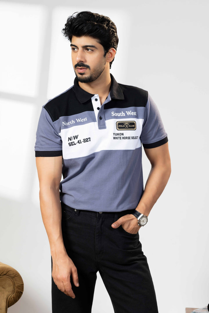 Black/Blue Cotton Half Sleeve Printed Polo T Shirt with Collar