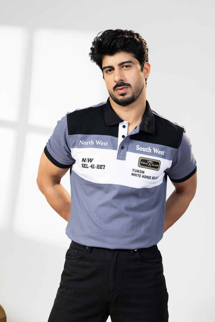 Black/Blue Cotton Half Sleeve Printed Polo T Shirt with Collar