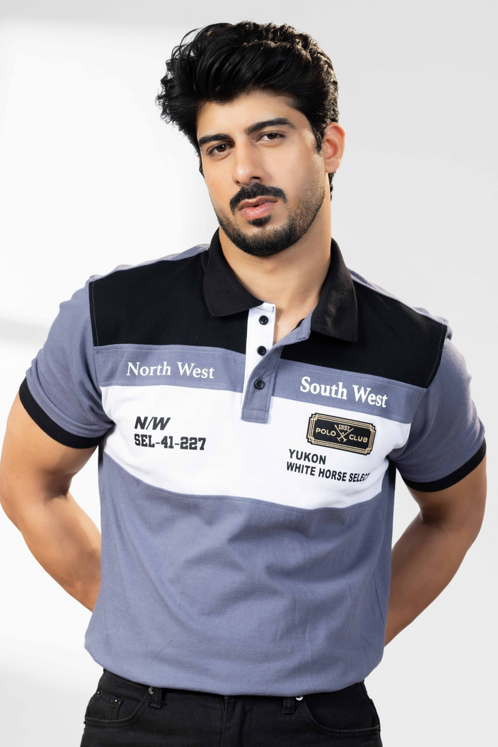 Black/Blue Cotton Half Sleeve Printed Polo T Shirt with Collar