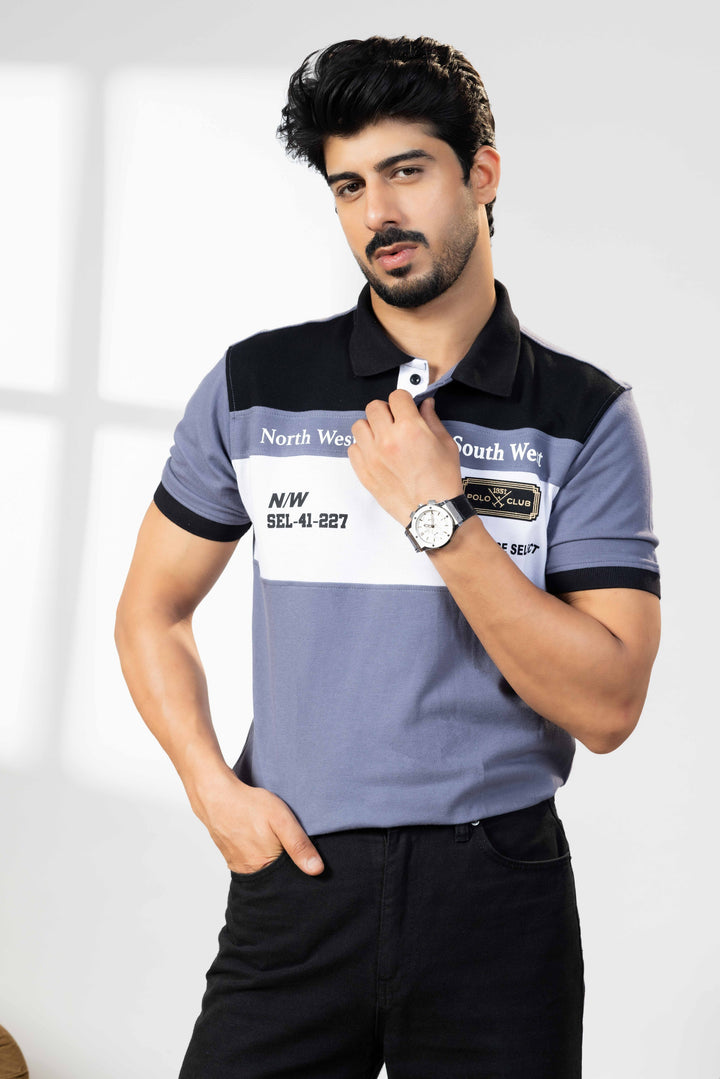 Black/Blue Cotton Half Sleeve Printed Polo T Shirt with Collar