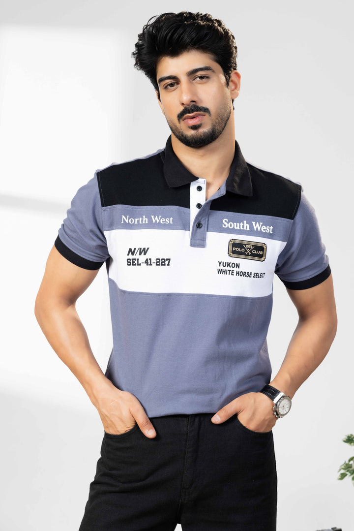 Black/Blue Cotton Half Sleeve Printed Polo T Shirt with Collar