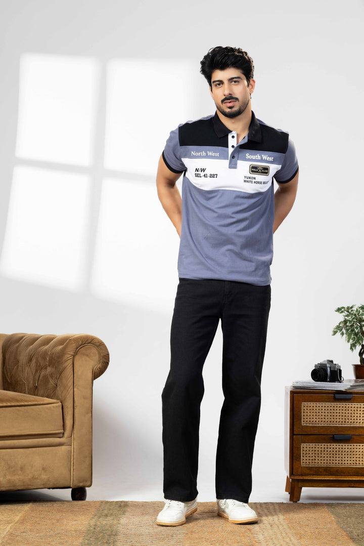 Black/Blue Cotton Half Sleeve Printed Polo T Shirt with Collar