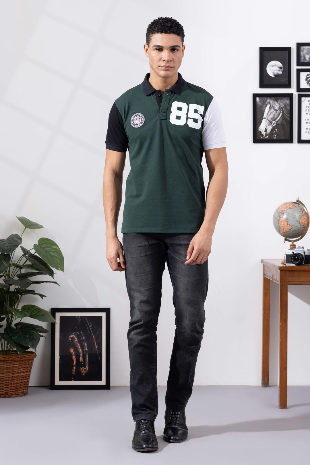 Green Cotton Half Sleeve Printed Polo T-Shirt with Collar