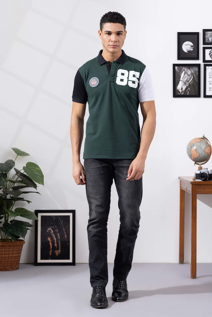 Green Cotton Half Sleeve Printed Polo T-Shirt with Collar