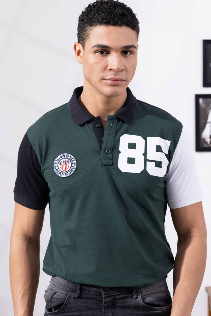 Green Cotton Half Sleeve Printed Polo T-Shirt with Collar