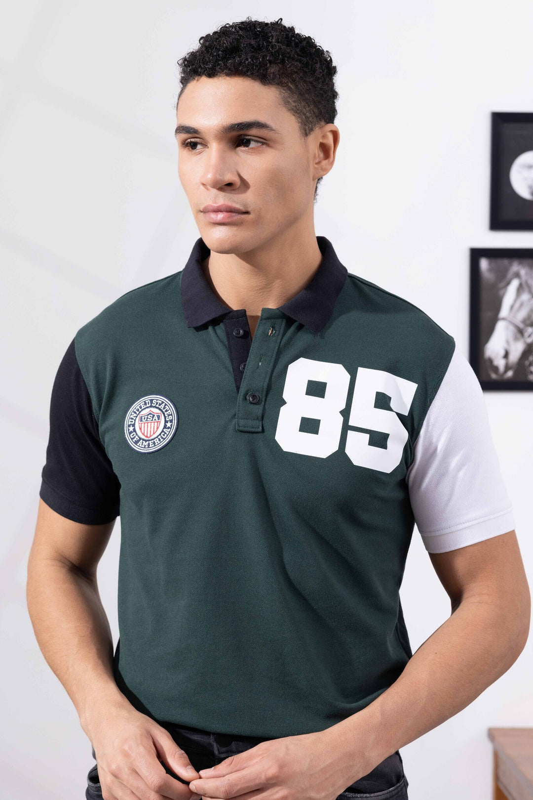 Green Cotton Half Sleeve Printed Polo T-Shirt with Collar