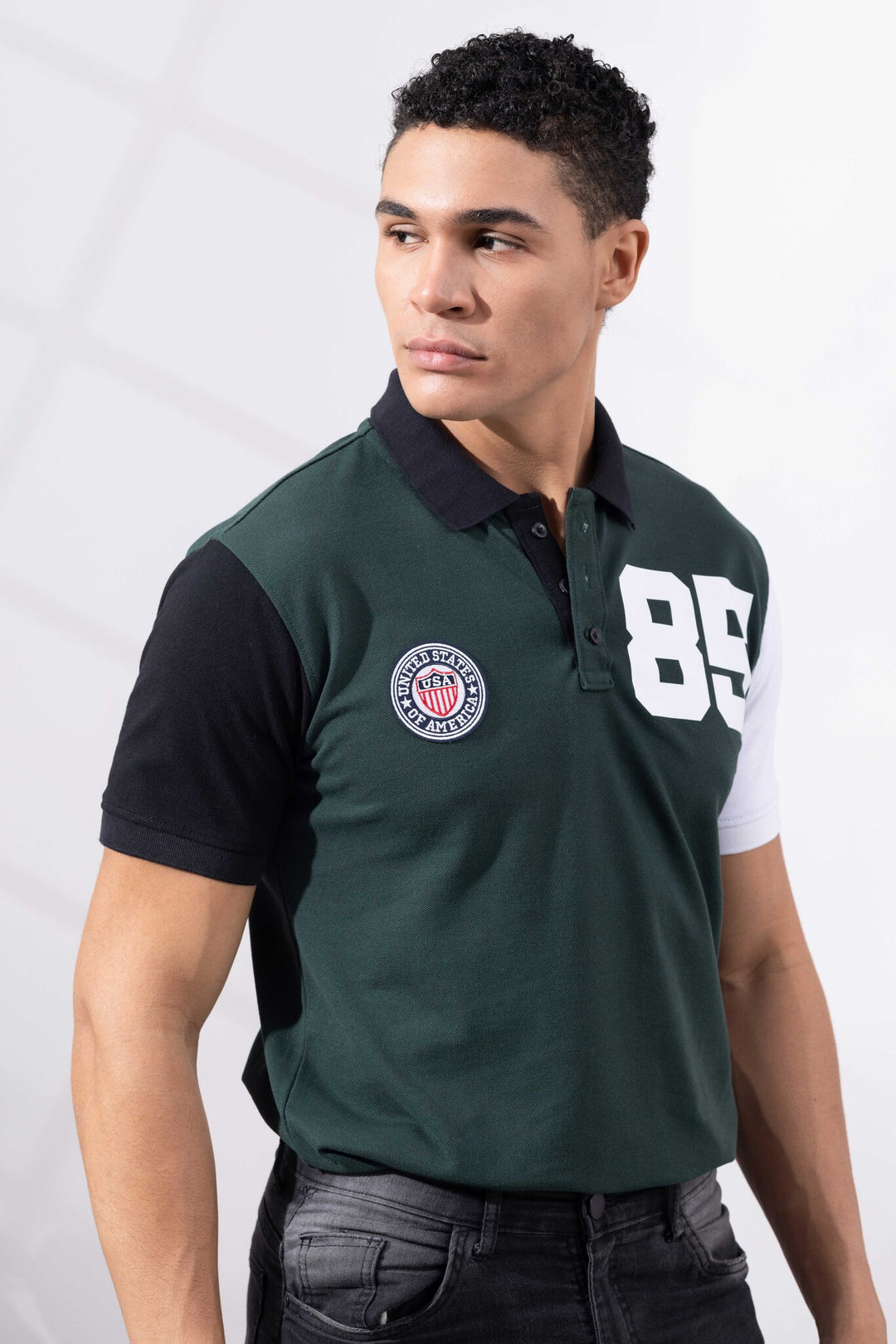 Green Cotton Half Sleeve Printed Polo T-Shirt with Collar