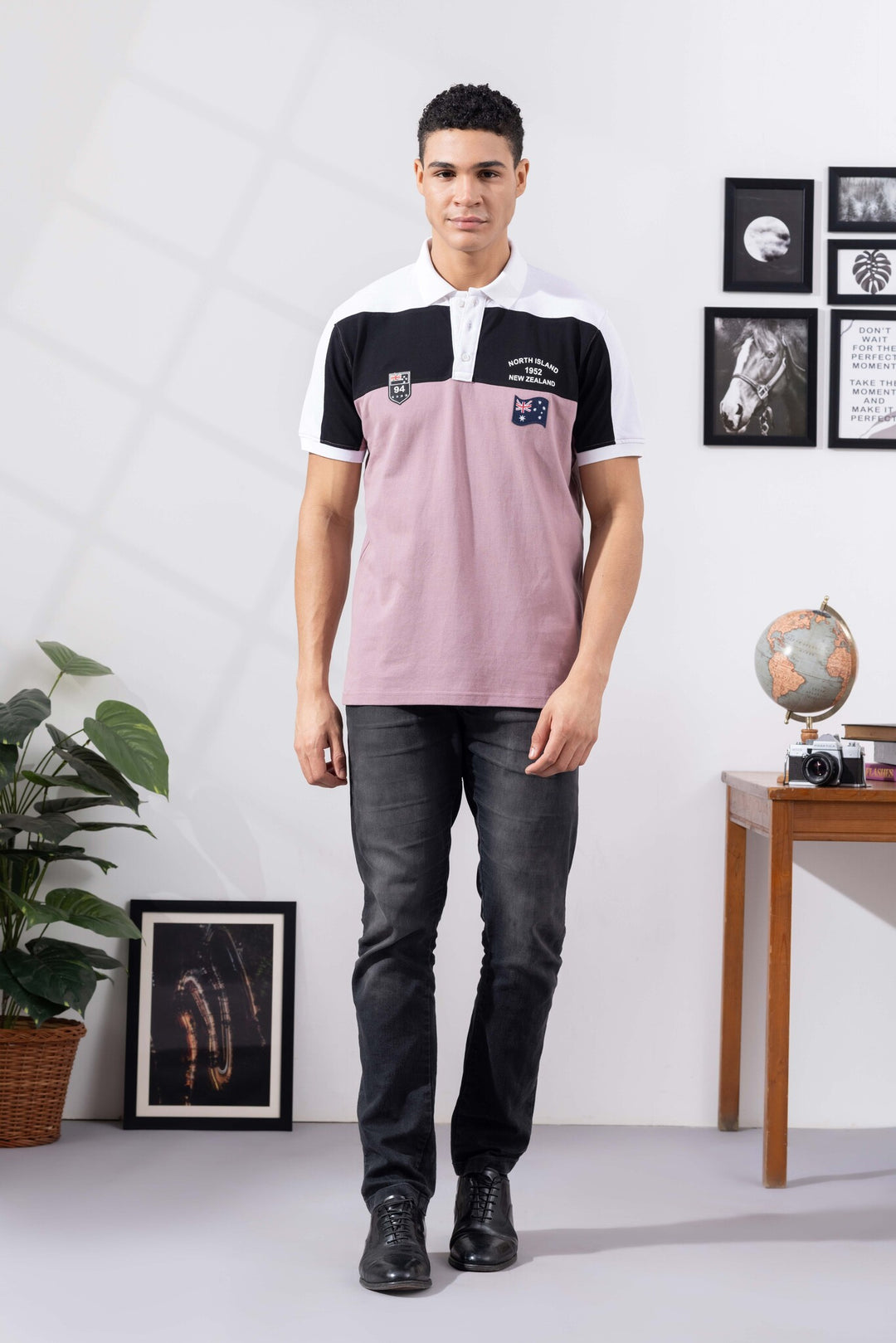 White Purple Cotton Half Sleeve Printed Polo T-Shirt with Collar
