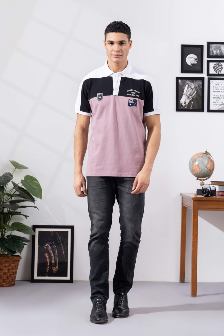 White Purple Cotton Half Sleeve Printed Polo T-Shirt with Collar