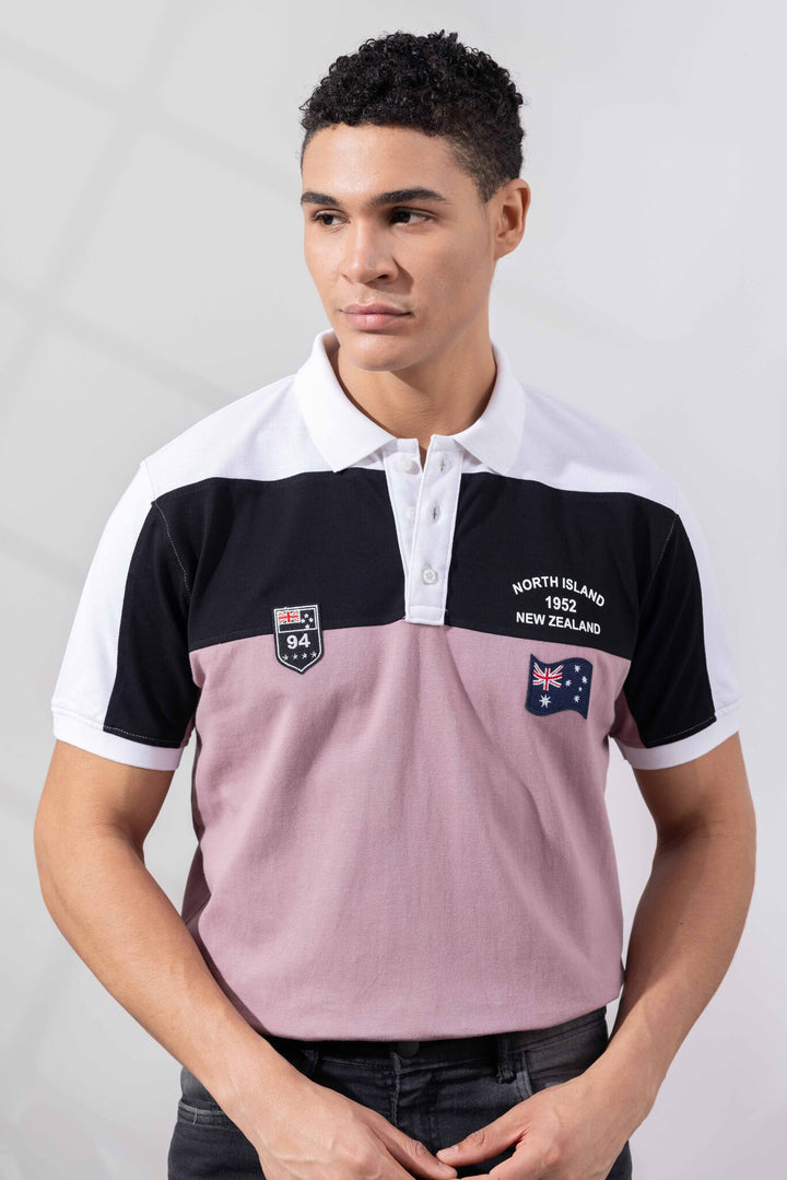 White Purple Cotton Half Sleeve Printed Polo T-Shirt with Collar
