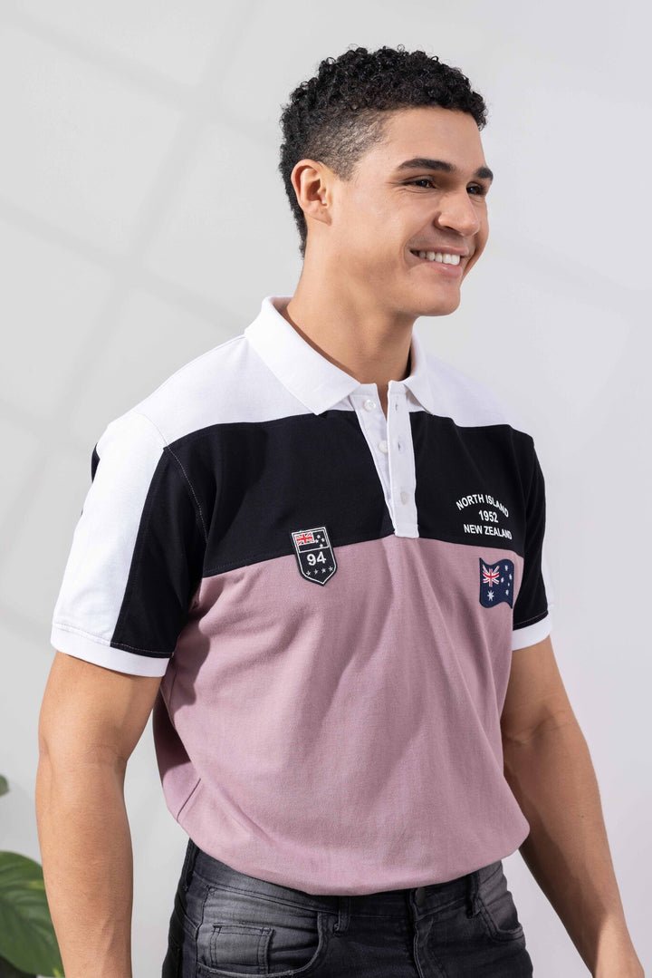 White Purple Cotton Half Sleeve Printed Polo T-Shirt with Collar