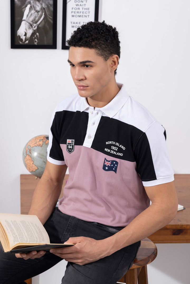 White Purple Cotton Half Sleeve Printed Polo T-Shirt with Collar