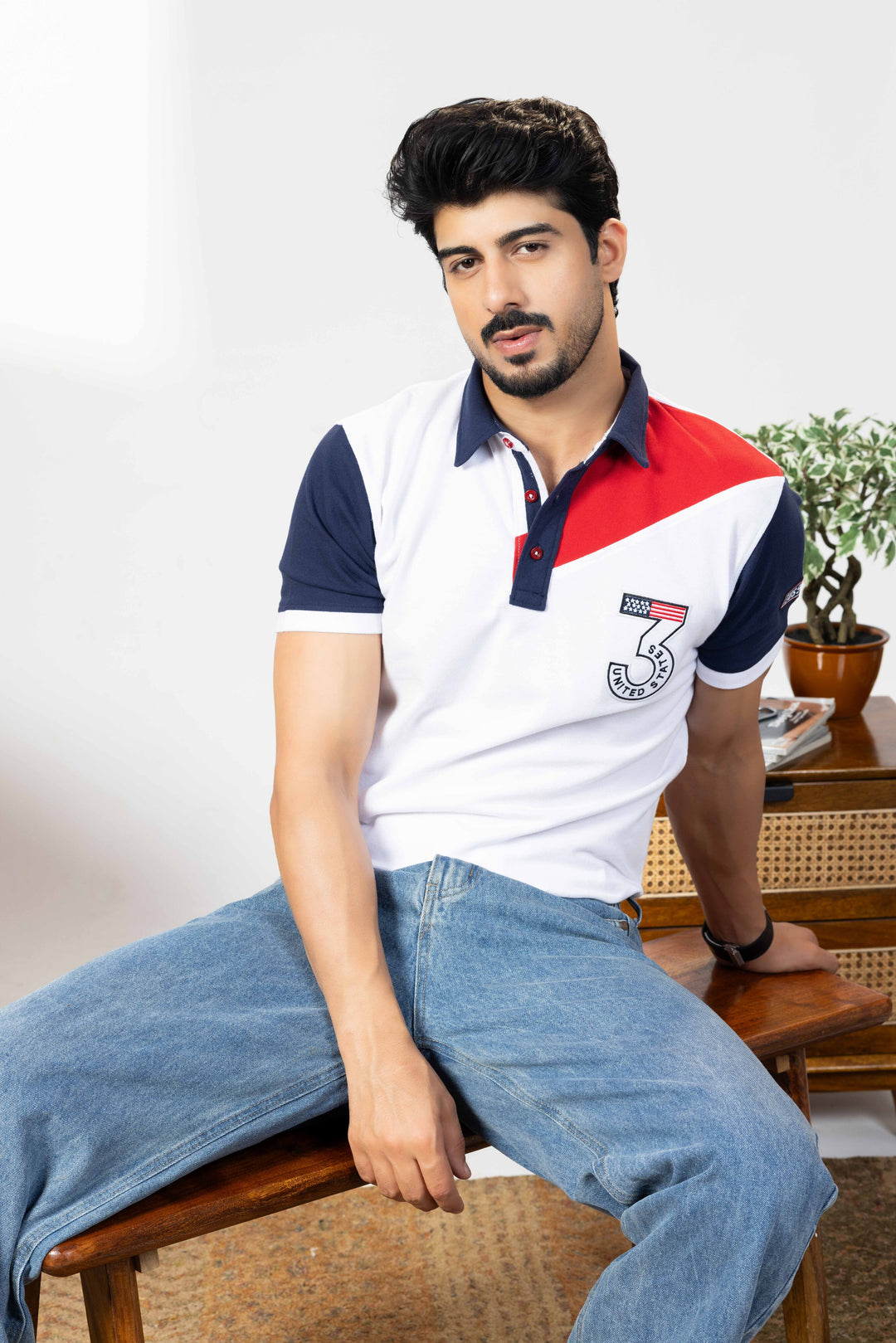 Navy White Cotton Half Sleeve Printed Polo T-Shirt with Collar