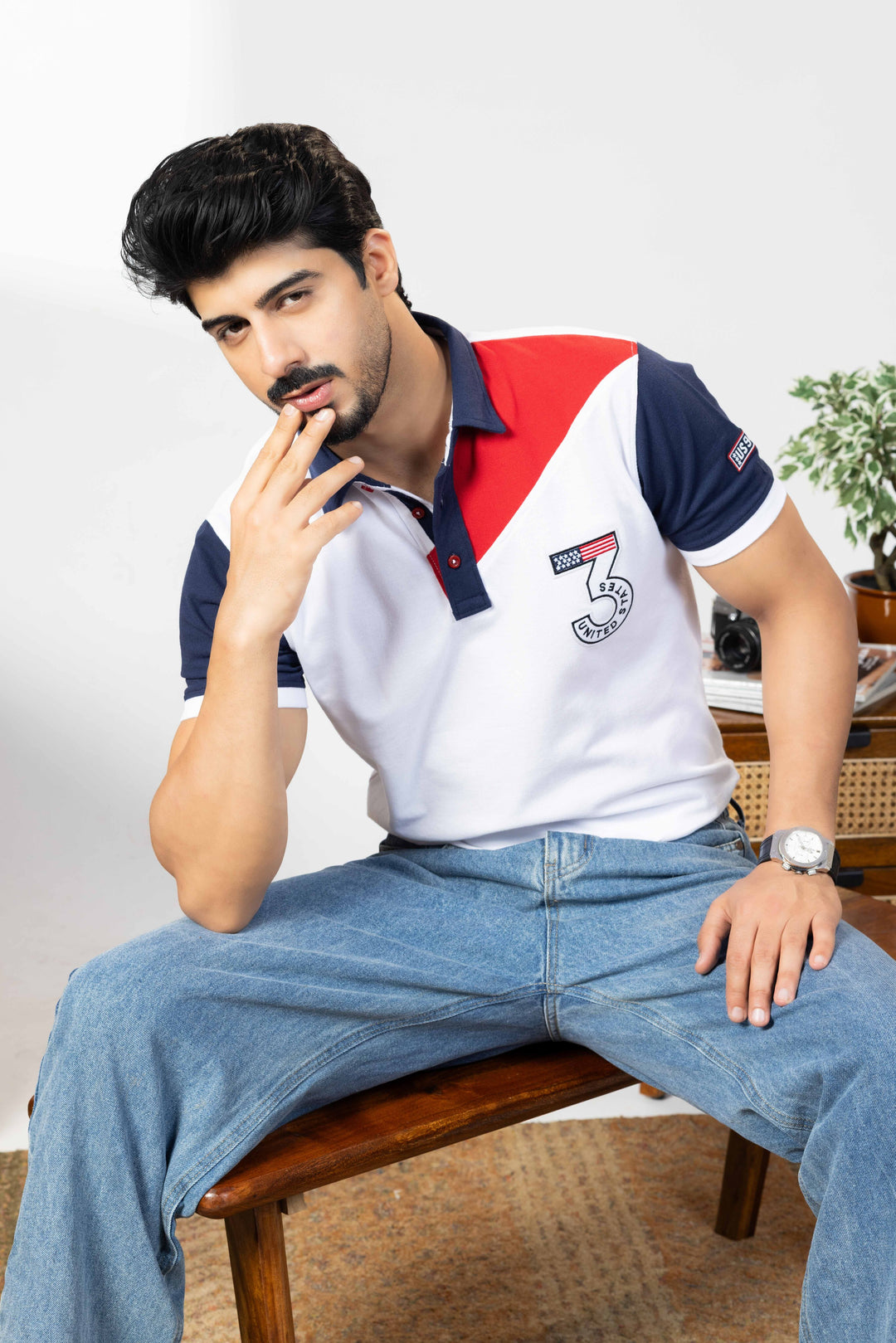 Navy White Cotton Half Sleeve Printed Polo T-Shirt with Collar