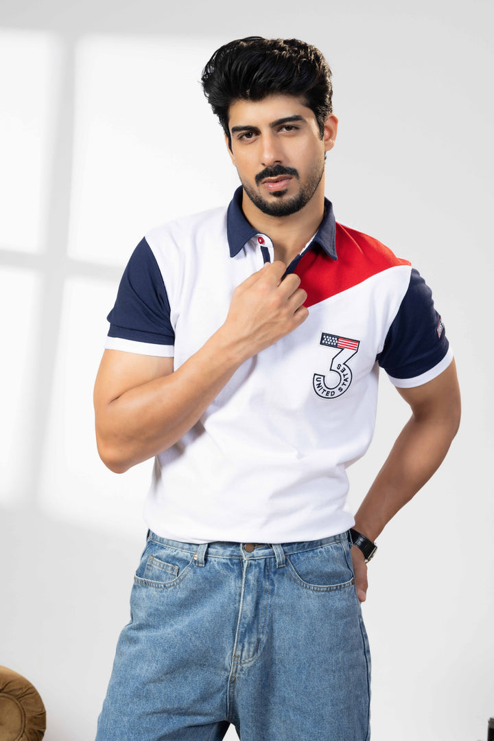 Navy White Cotton Half Sleeve Printed Polo T-Shirt with Collar