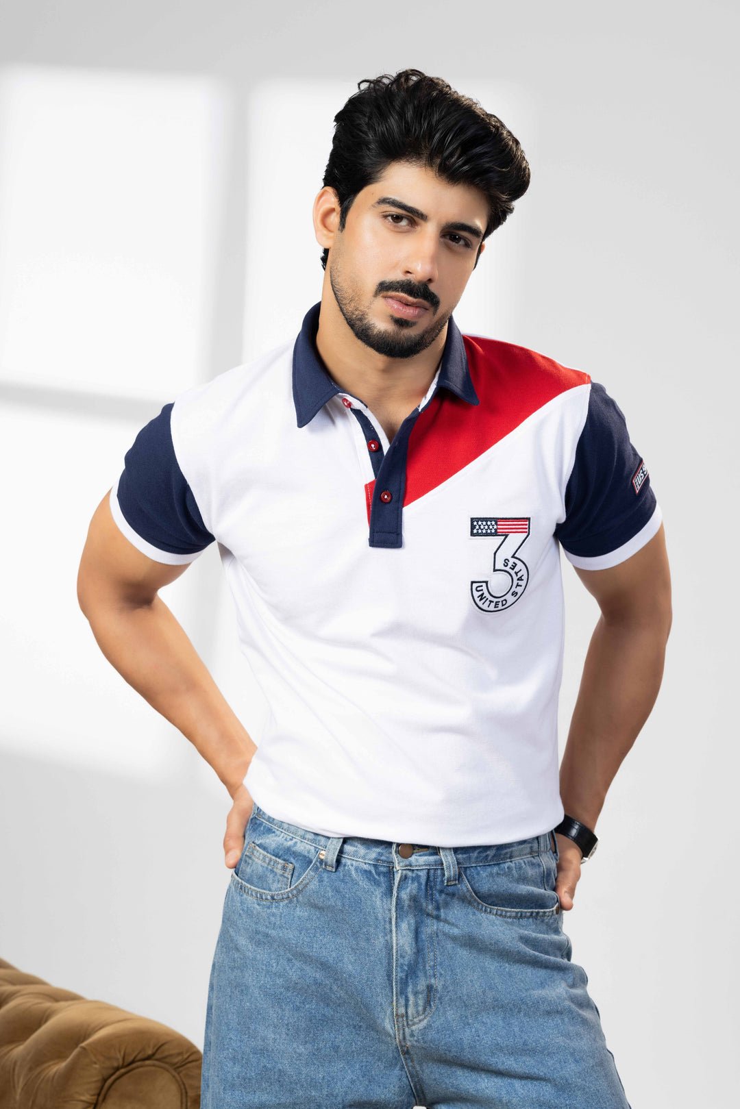 Navy White Cotton Half Sleeve Printed Polo T-Shirt with Collar