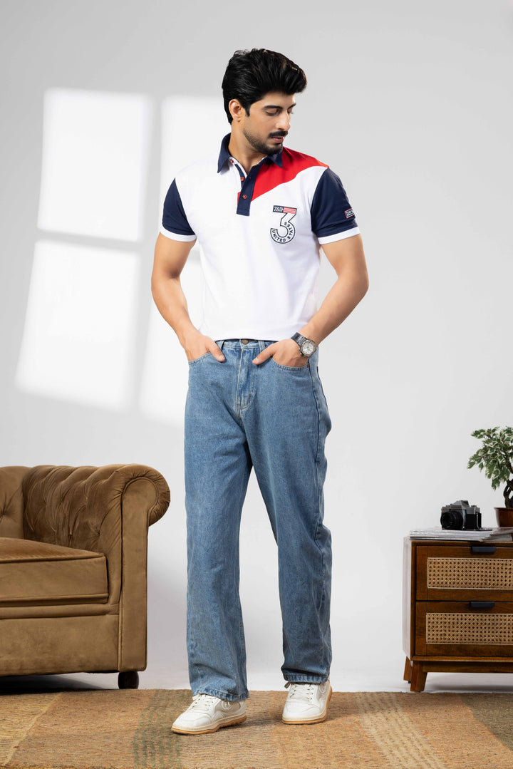 Navy White Cotton Half Sleeve Printed Polo T-Shirt with Collar