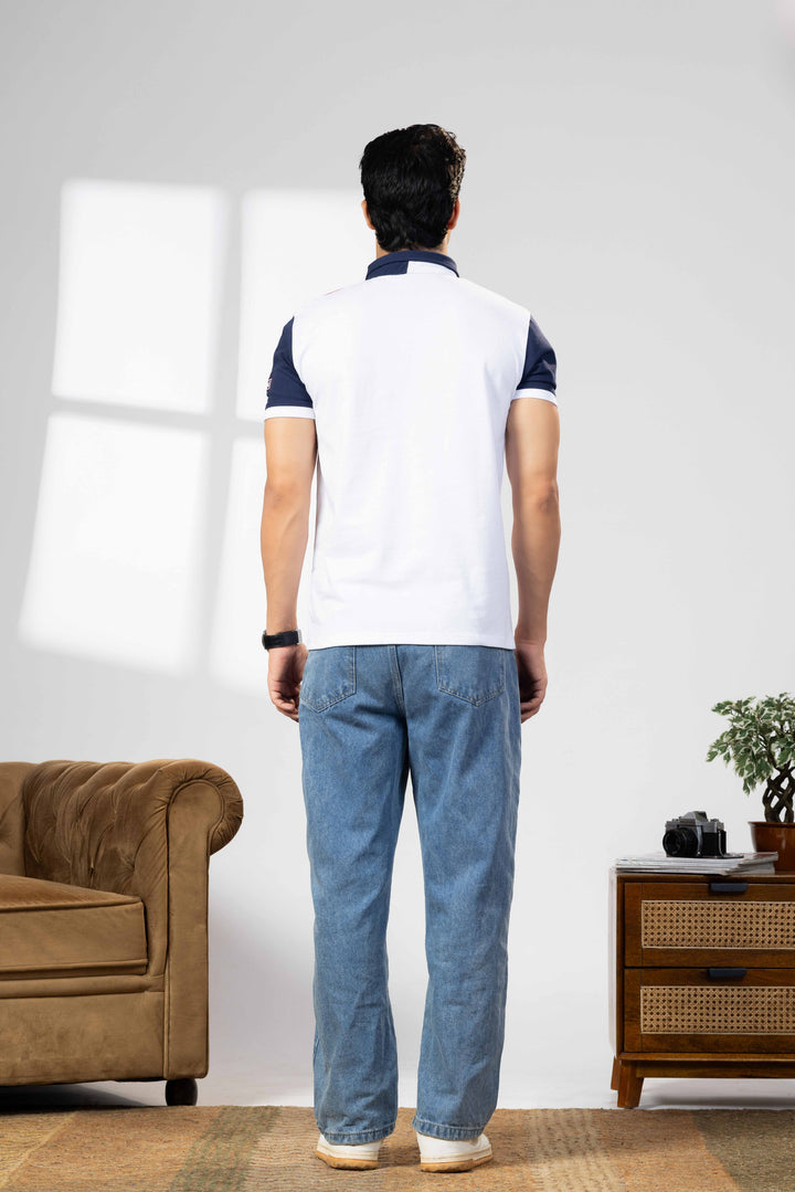 Navy White Cotton Half Sleeve Printed Polo T-Shirt with Collar