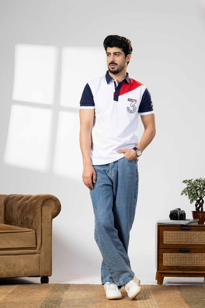 Navy White Cotton Half Sleeve Printed Polo T-Shirt with Collar