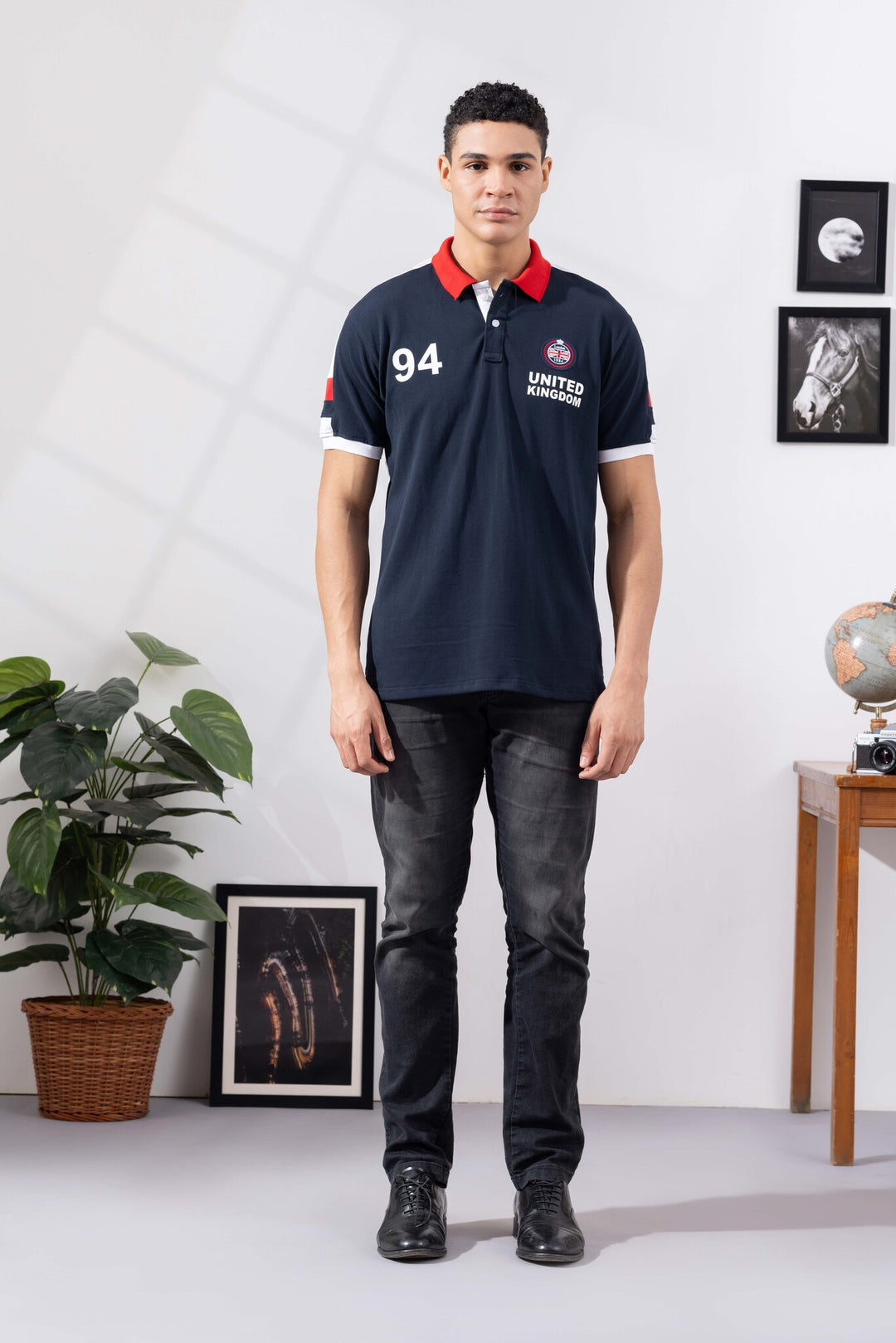 Navy Blue Cotton Half Sleeve Printed Polo T-Shirt with Collar
