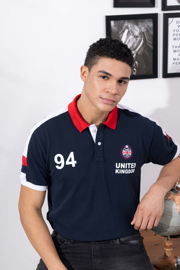 Navy Blue Cotton Half Sleeve Printed Polo T-Shirt with Collar