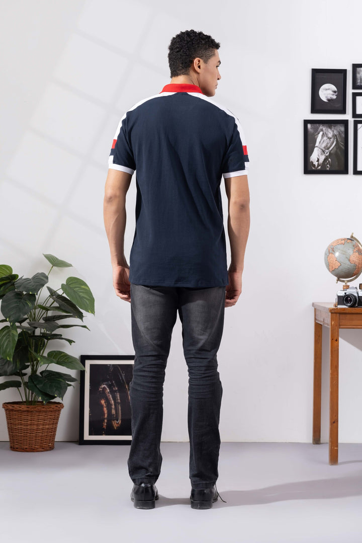 Navy Blue Cotton Half Sleeve Printed Polo T-Shirt with Collar