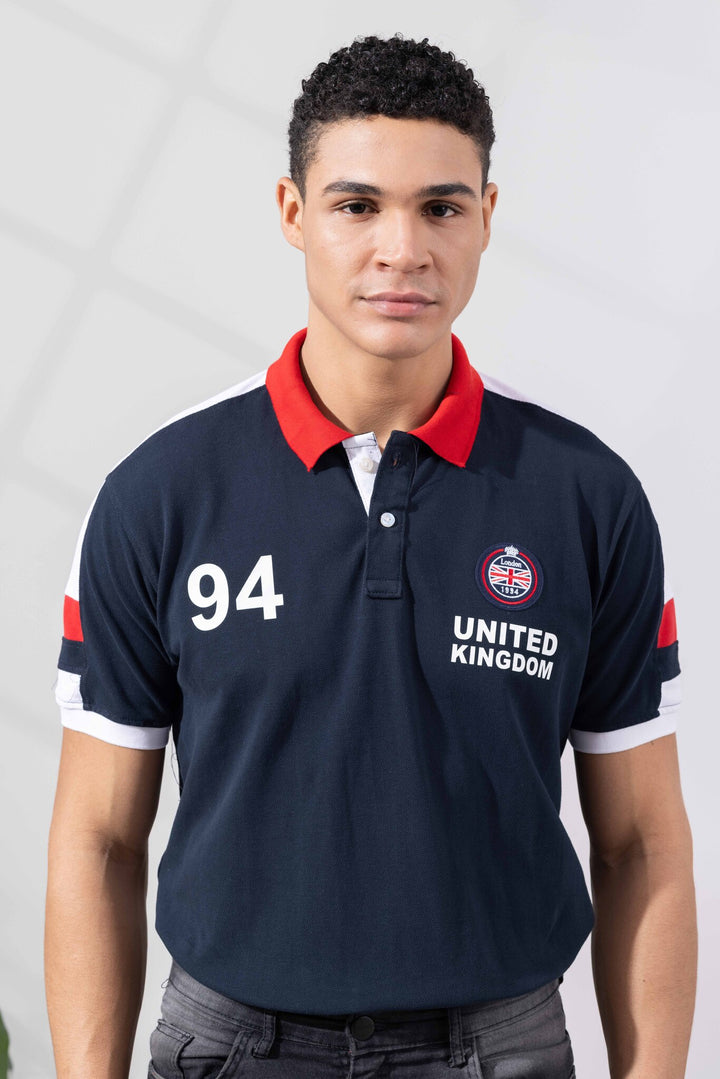 Navy Blue Cotton Half Sleeve Printed Polo T-Shirt with Collar