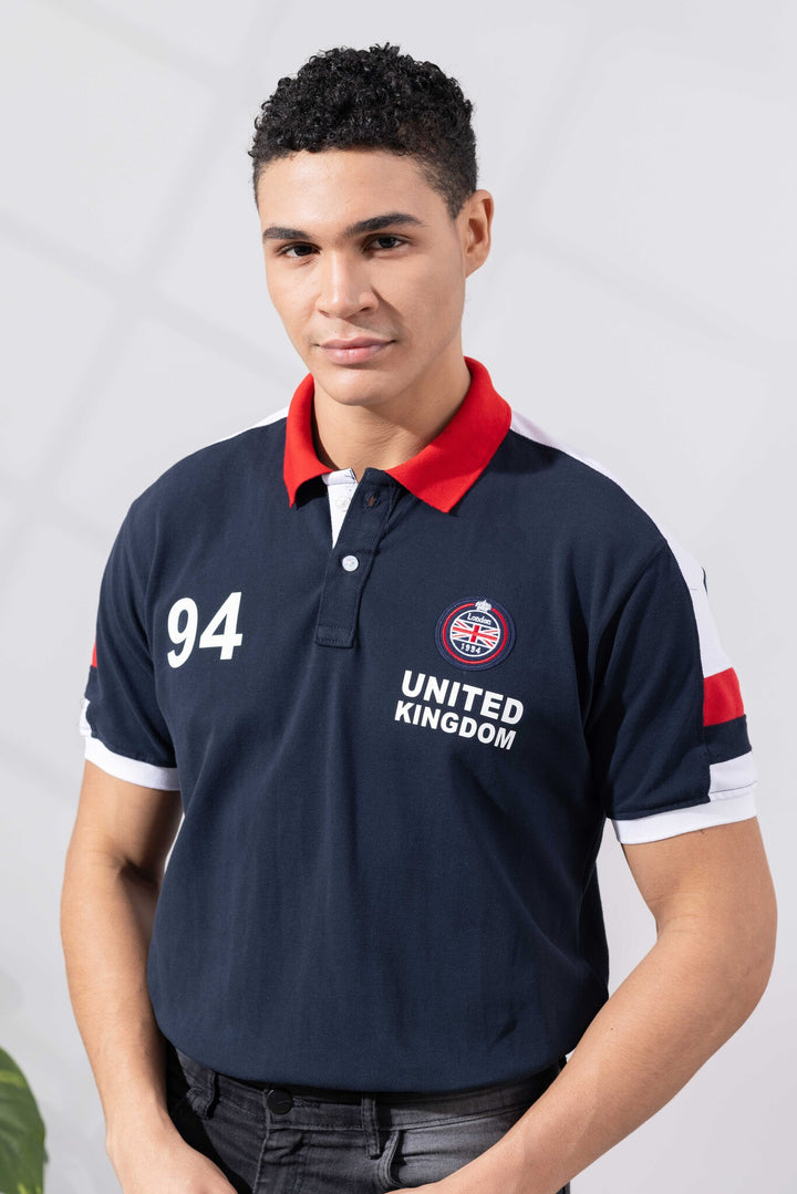 Navy Blue Cotton Half Sleeve Printed Polo T-Shirt with Collar