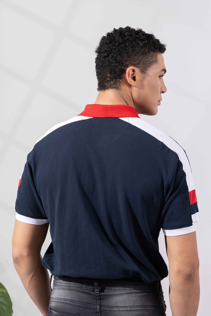 Navy Blue Cotton Half Sleeve Printed Polo T-Shirt with Collar