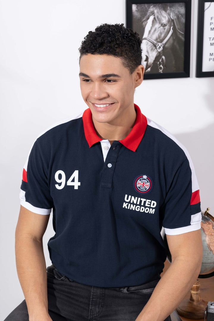 Navy Blue Cotton Half Sleeve Printed Polo T-Shirt with Collar