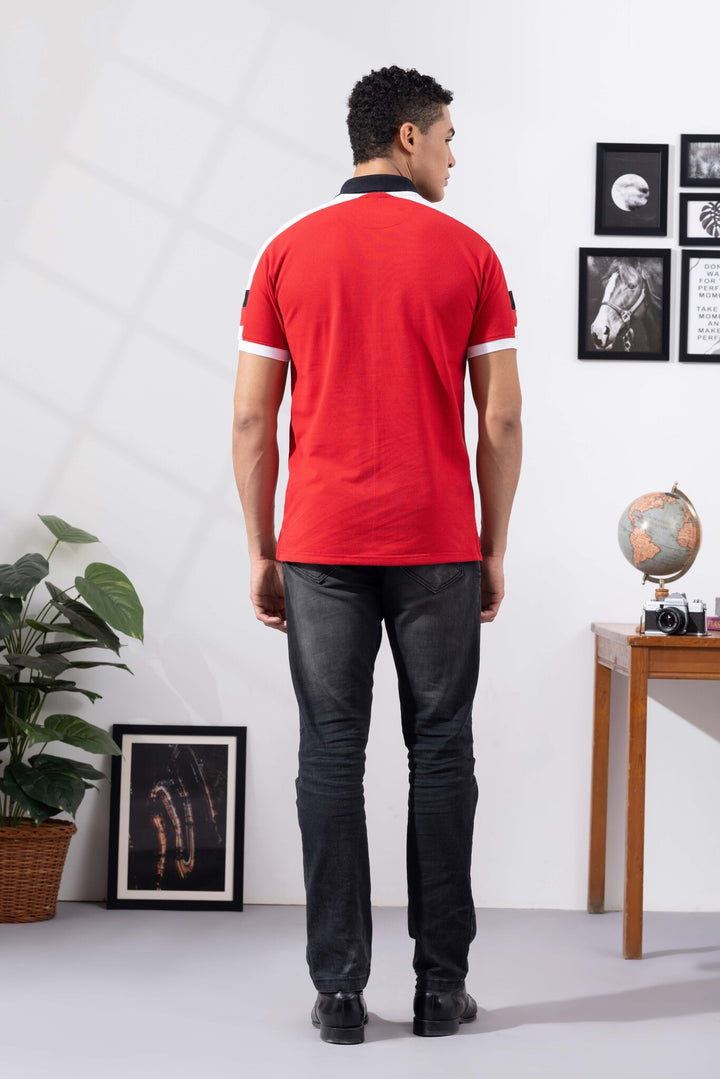 Red Cotton Half Sleeve Printed Polo T-Shirt with Collar