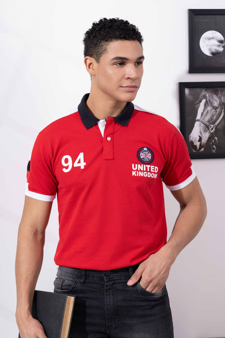 Red Cotton Half Sleeve Printed Polo T-Shirt with Collar