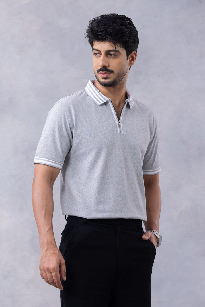 Grey Melange Self Design Zipper Polo T-Shirt
