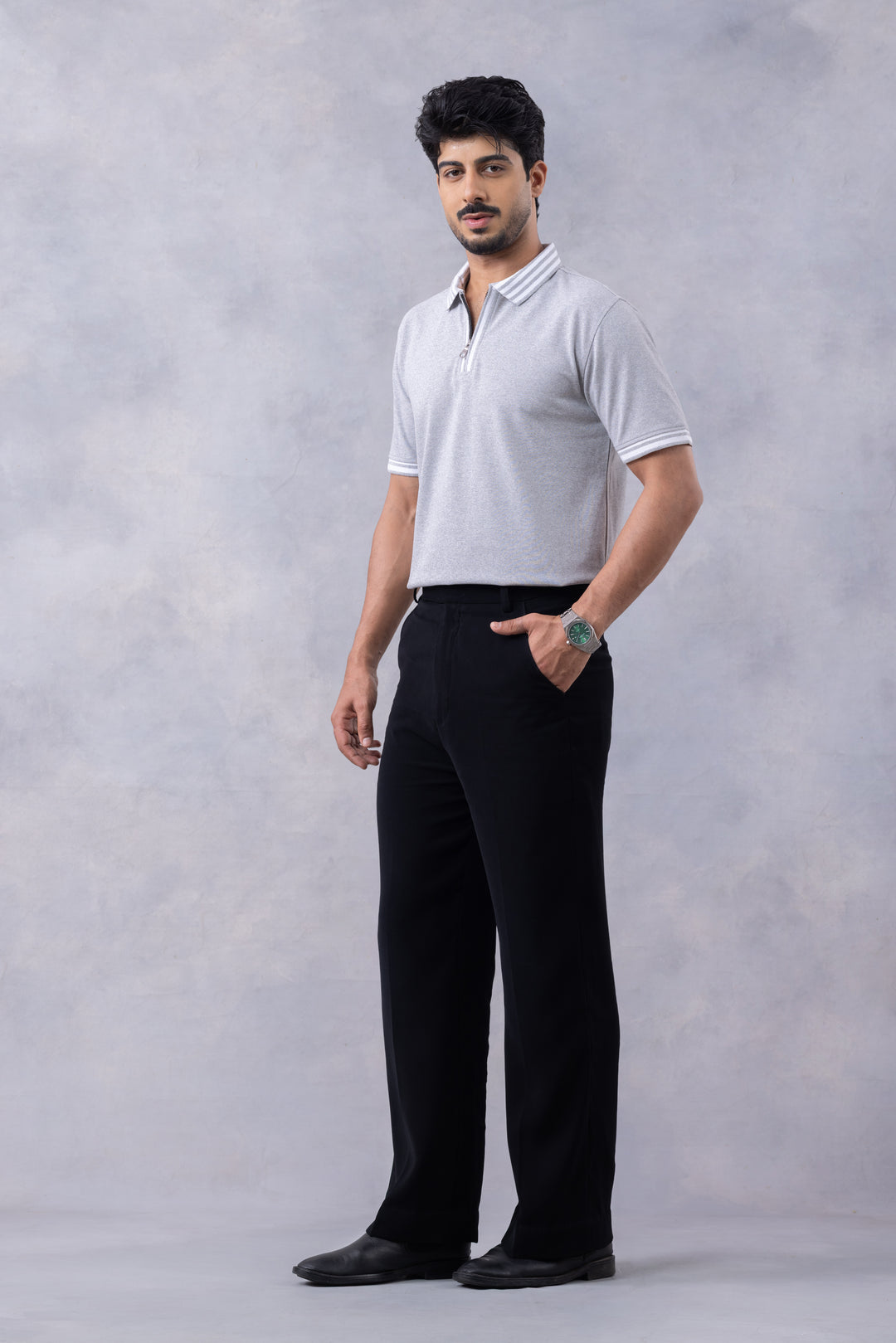 Grey Melange Self Design Zipper Polo T-Shirt