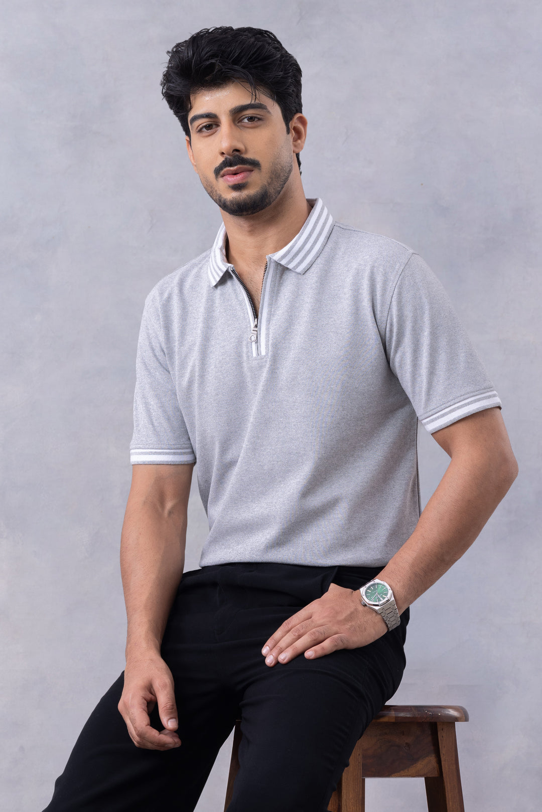 Grey Melange Self Design Zipper Polo T-Shirt
