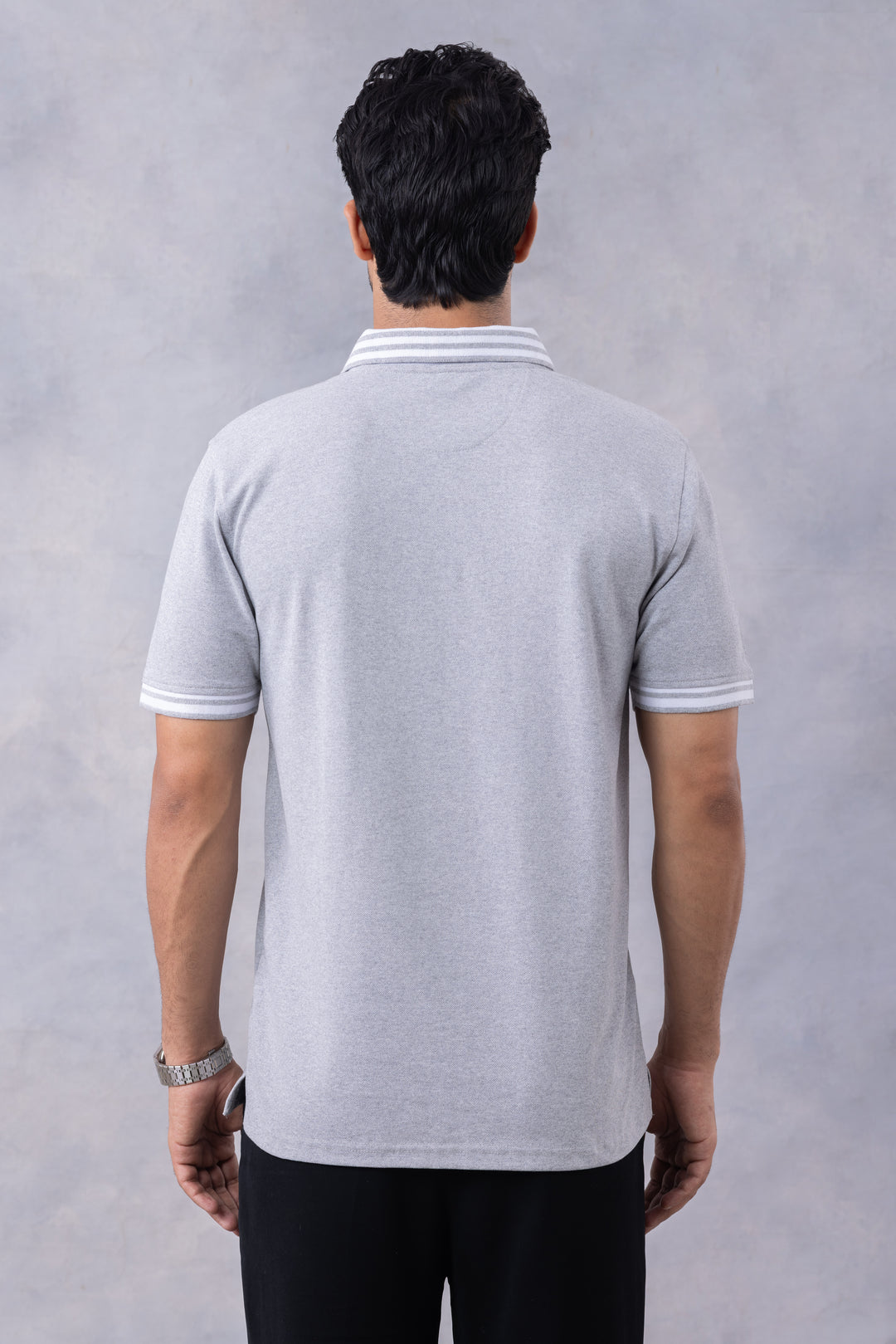 Grey Melange Self Design Zipper Polo T-Shirt