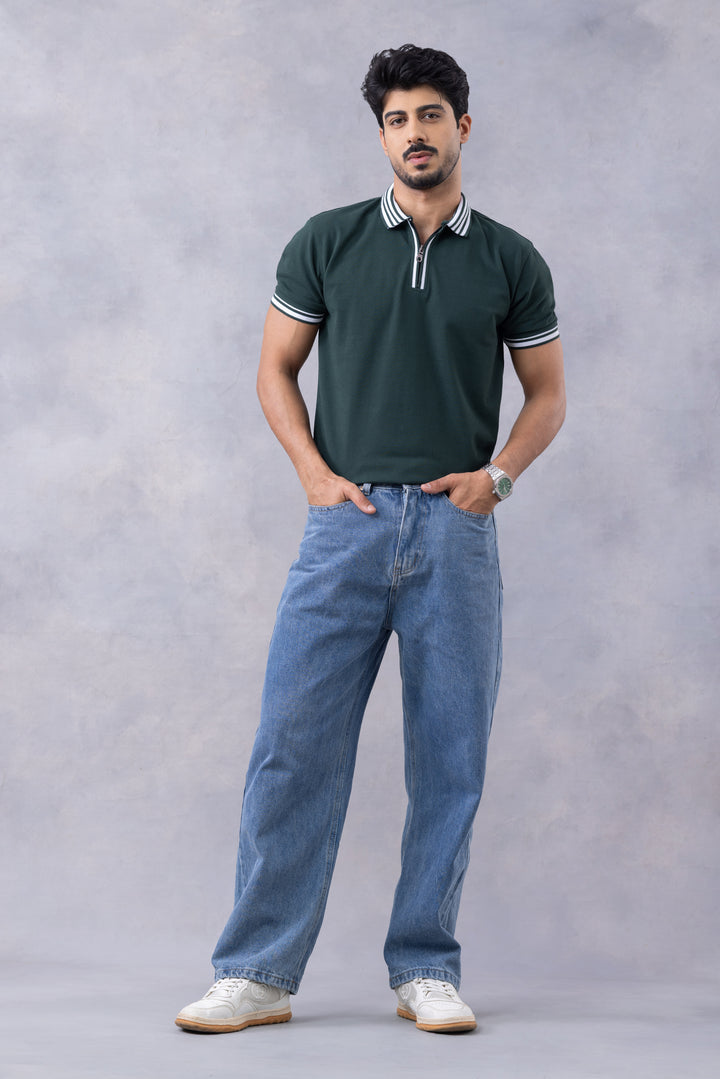Green Self Design Zipper Polo T-Shirt