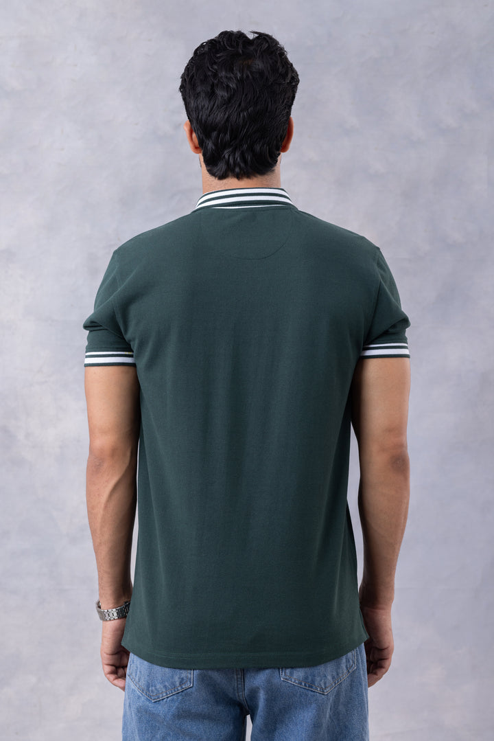 Green Self Design Zipper Polo T-Shirt