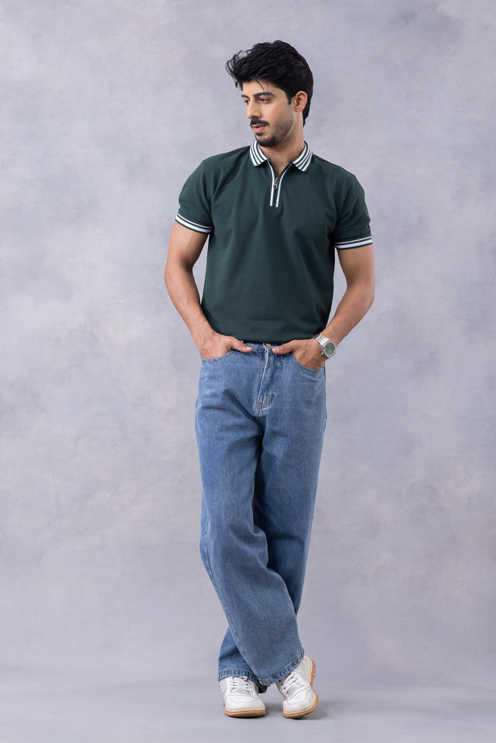Green Self Design Zipper Polo T-Shirt
