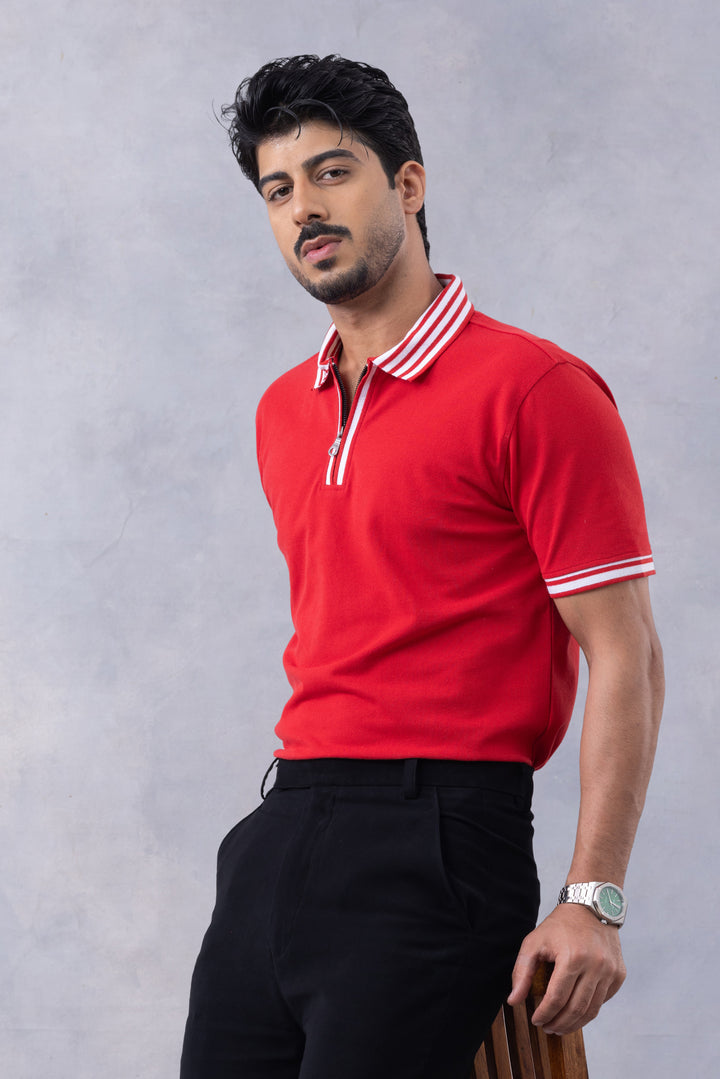 Red Self Design Pique Zipper Polo T-Shirt