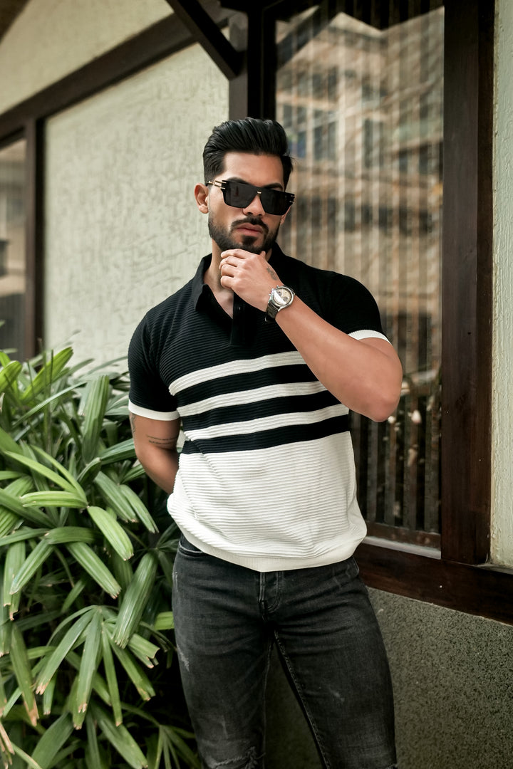 Black Premium Flat Knit Stripe Polo T-Shirt