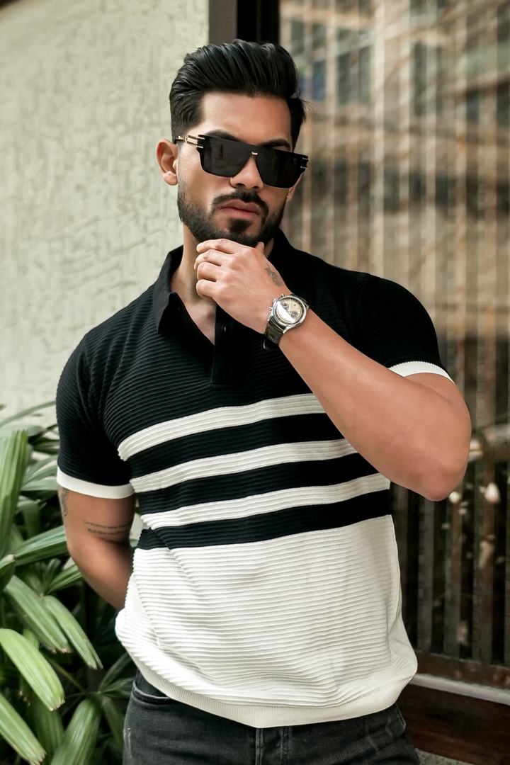 Black Premium Flat Knit Stripe Polo T-Shirt