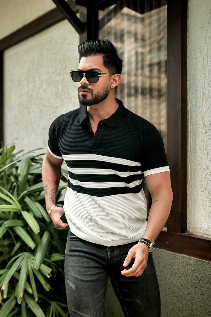 Black Premium Flat Knit Stripe Polo T-Shirt